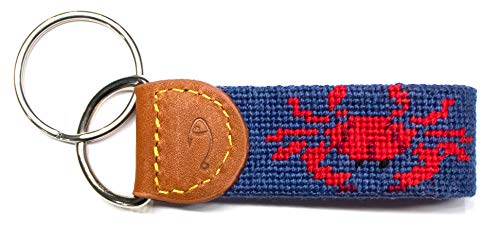 Leather Hand-Stitched Needlepoint Key Fob or Key Chain - color: Crab