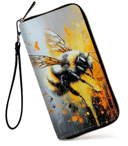 Womens Wallet, Large Capacity RFID Blocking PU Leather Wristlet Wallets Bee Design for Women Ladies Men Credit Card Holder Zipper Wallet Phone Holder Clutch Travel Purse - color: Bee