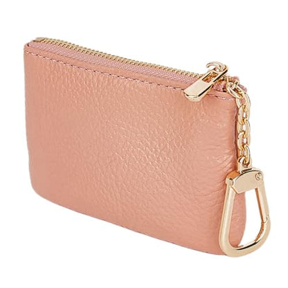 Full Grain Leather Coin Purse with Key Chain - Small Change Purse Keychain Card Holder Keychain Pouch Small Keychain Wallet for Women and Men (Pink) - color: Pink, Regular Size