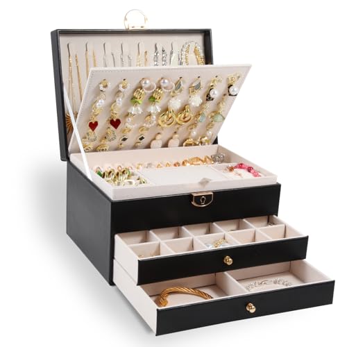 3-Layer Jewelry Box for Women, Jewelry Organizers and Storage with Removable Jewelry Tray, Vintage Quilted Top Lockable Jewelry Holder Gift Idea Black - color: Black