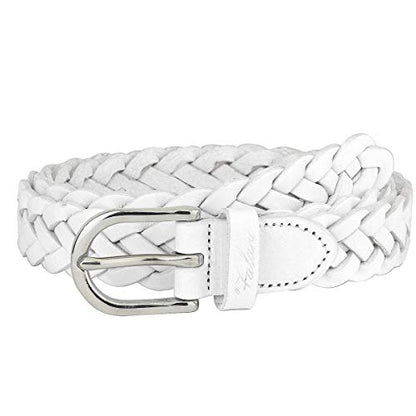 Falari Women's Leather Braided Belt Stainless Steel Buckle - color: White, size: L 38-40 (fit waist 36-38)