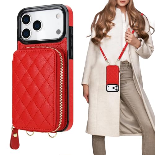 Bocasal Crossbody Wallet Case Card Holder for iPhone 17 Pro Max Red | RFID Blocking PU Leather Zipper Handbag Purse, Kickstand Flip Folio Case with Card Slots Holder Wrist Strap Lanyard 6.9 Inch - color: Red