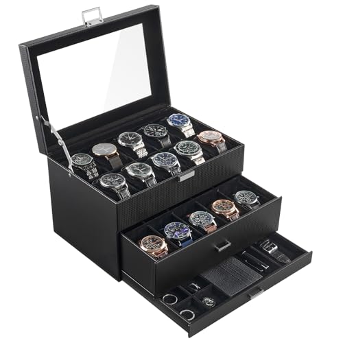 ProCase 3-Layer Watch Box with Glass Lid for Men, 20-Slot, Allblack | PU Outer, Velvet Lining, Jewelry Storage Organizer with Drawer, for Straps Cufflinks Rings, Gift for Men Father Dad Husband - color: Allblack, size: 20-Slot