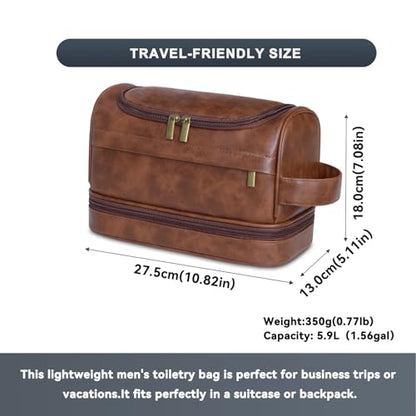 Toiletry Bag for Men,Large Leather Travel Pouch Bag with Hanging hook - color: Dark Brown