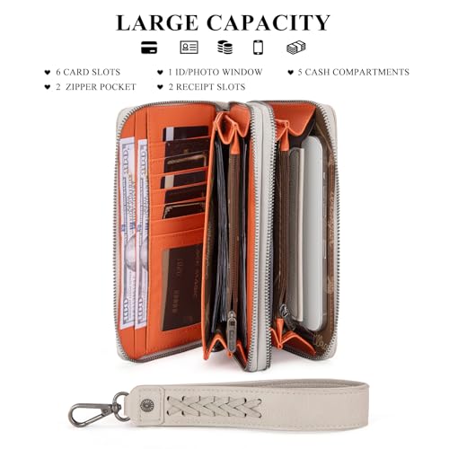 Montana West X Wrangler Large Wallet For Women Ladies Female Double Zipper Pocket Wallet with Rfid Blocking Lining Phone Wristlet Clutch with Smooth Zipper and Multiple Pocket - color: Light Gray