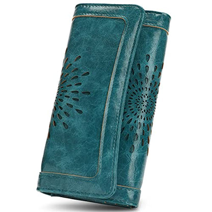 APHISON Womens Wallets RFID Blocking Leather Clutch Long Wallet for Women Card Holder Phone Organizer Ladies Travel Purse Hollow Out Sunflower Design Gift - color: A4-peacock
