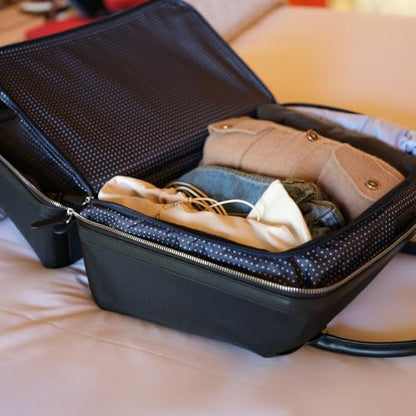 Wool & Oak Duffle Suitcase - Carry-On Size - Pebble Leather, Jet Black | Full-grain leather travel bag with clamshell opening, 33 L capacity, laptop pocket, personal-item size - size: 33 L (Jet Black - Leather)
