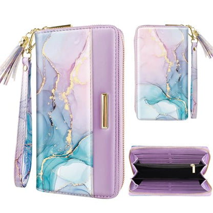 Coco Rossi Wallet for Women RFID Blocking Zipper Around Credit Card Holder | PU Leather, Zipper Around, Multi Card Case, Clutch with Tassel Wristlet Wrist Strap, Gradient Marble, Gifts for Girls Ladies - color: Gradient Marble