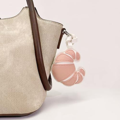 Handmade Leather Croissant Bag Charm, Bread Keychain | Thickened PU Leather, Fade-Resistant, Lightweight, Handbag, Purse Accessory, Unique Gift Idea, Women & Food Lovers - color: Pink Croissant