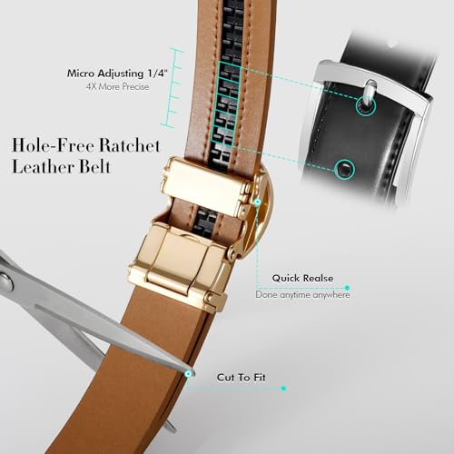 VONMELLI Womens Leather Ratchet Belt for Jeans Dress Pants with Adjustable Automatic Gold Sliding Buckle 1.2" Width - color: Brown, size: Fit Waist Size 39"-43"