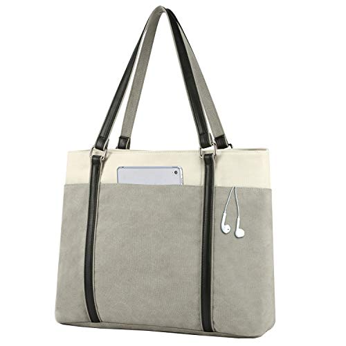 Laptop Tote Bag for Women, 15.6 Inch Work Bag with Laptop Compartment and Zipper, Canvas Computer Tote for Teacher - color: Gray