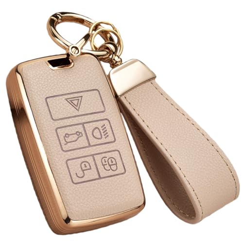 Key Fob Cover for Range Rover Jaguar Evoque Defender Discovery | Leather + Soft TPU Key Case Shell for Land Rover Jaguar XE XJ XF Sport Velar Evoque With Keychain (Pink) - color: CREAM
