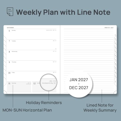 POPRUN 2027 Planner Weekly and Monthly, 8.5''x 10.5'' Calendar Notebook | 2027 Appointment Book(JAN.27 - DEC.27) Daily Planner with Note Page, Monthly Tabs, Leather Soft Cover, 100GSM - Black - color: Black, size: Large-8.5" X 10.5", style: Calendar Year