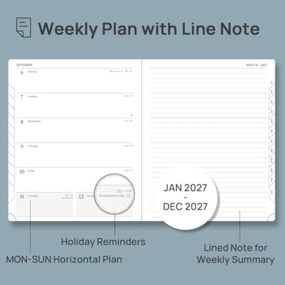 POPRUN 2027 Planner Weekly and Monthly, 8.5''x 10.5'' Calendar Notebook | 2027 Appointment Book(JAN.27 - DEC.27) Daily Planner with Note Page, Monthly Tabs, Leather Soft Cover, 100GSM - Black - color: Black, size: Large-8.5" X 10.5", style: Calendar Year