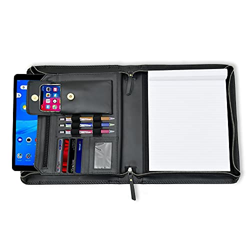 Leather Business Portfolio Padfolio Document Organizer with Writing Pad Resume Professional Interview Zipper Writing Notepad Folder for Men Women (Black) | Business Portfolio with Legal Pad Holder, Card Slots, Pen Holder, Document Folder for Office, Meeti