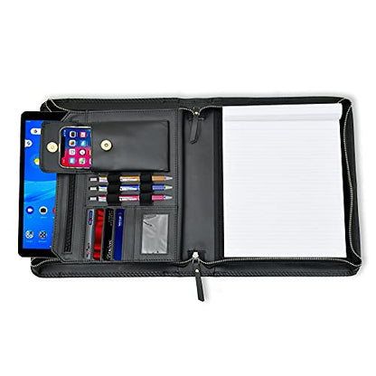 Leather Business Portfolio Padfolio Document Organizer with Writing Pad Resume Professional Interview Zipper Writing Notepad Folder for Men Women (Black) | Business Portfolio with Legal Pad Holder, Card Slots, Pen Holder, Document Folder for Office, Meeti