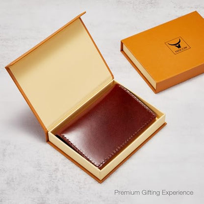 HISCOW Slim Full Grain Leather Business Card Holder, Veg-Tanned Espresso | Minimalist unlined raw edge, ultra-thin profile, bifold front pocket wallet, holds folded cash, premium gift box - color: Veg-Tanned Espresso