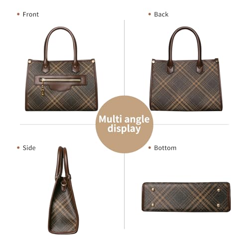 Womens Purses and Handbags Fashion Tote Shoulder Satchel Hand Bags | Spacious, Premium PU Leather, Checkered, Color Blocking, Adjustable Strap, 3pcs, Wallet and Card, with Zipper, Work, Casual - color: Coffee
