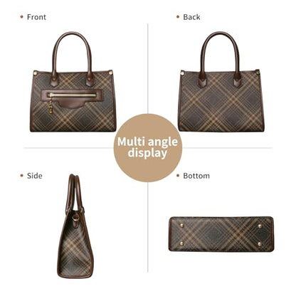 Womens Purses and Handbags Fashion Tote Shoulder Satchel Hand Bags | Spacious, Premium PU Leather, Checkered, Color Blocking, Adjustable Strap, 3pcs, Wallet and Card, with Zipper, Work, Casual - color: Coffee