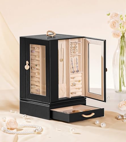 Luxury Jewelry Box for Women: 360° Rotating with Clear Window | Compact Jewelry Storage with Drawer - Necklace Ring Organizer with Compartments - Elegant Earring Holder Display Great Gift - color: Black