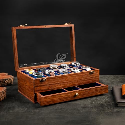 Handmade Mens watch box, Watch display case, Indian Rosewood single watch box case organizer for men, Velvet lining glass lid, Solid Gift for Him | Made for Special Events (TEN SLOT WITH DRAWER) - size: TEN SLOT WITH DRAWER