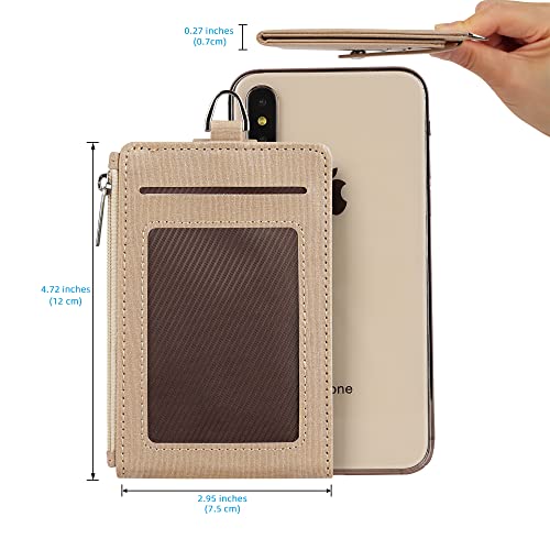 Women & Men Keychain Card Holder Case Zipper Slim Minimalist Front Pocket Wallet with 2 ID Window, Champagne Gold - color: Champagne Gold