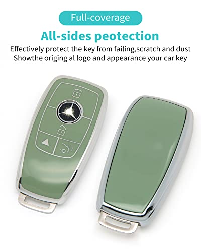 For Mercedes Benz Key cover & Key chain accessories (Green set) | Advanced soft TPU key Case is compatible with C E R S G S CLS CLK GLC ML GLE GLS SL SLR Maybach AMG Smart Remote Key - color: Key Case + Sheepskin Metal Key Chain(green)