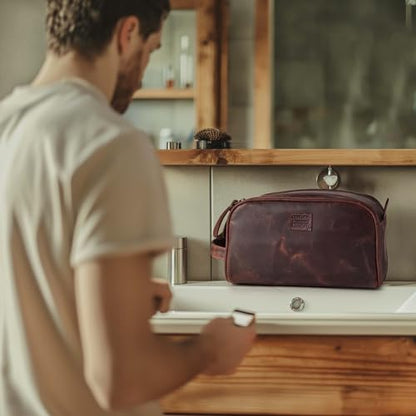 LEATHER VILLAGE Leather Toiletry Bag for Men, Travel Dopp Kit Shaving Bag - color: Mulberry Brown