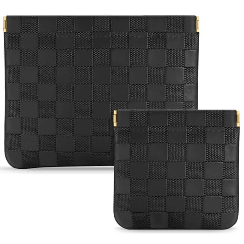 2 Pack Checkered Makeup Bag PU Leather Cosmetic Pouch Snap Closure | 7x5.5 & 4.5x4.5 Inch, Travel Daily Use, Coin Lipstick Holder, Purse Organizer, Stain-Resistant, 3 Colors - color: black