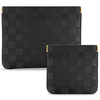 2 Pack Checkered Makeup Bag PU Leather Cosmetic Pouch Snap Closure | 7x5.5 & 4.5x4.5 Inch, Travel Daily Use, Coin Lipstick Holder, Purse Organizer, Stain-Resistant, 3 Colors - color: black