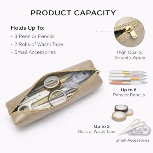 Faux Leather Color Pencil Case Multifuncional and Simple with Zipper for School (Pearl White Tea) - color: Pearl White Tea/FL
