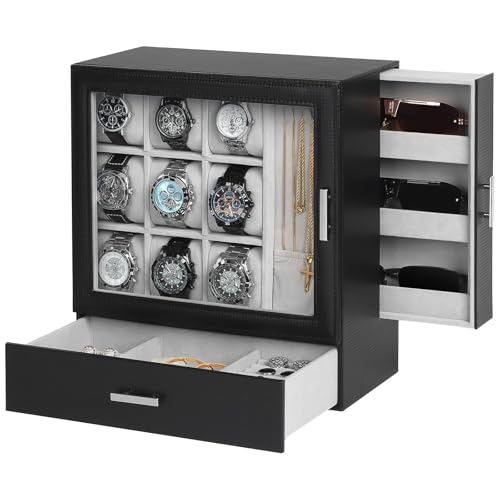 Kukikan 9-Slot Watch Box for Men, Standing Jewelry Display Case with Window | All-in-One High End Jewelry Box, Vertical Necklace Display, Sunglasses Storage, Drawer for Jewelry, Soft Velvet, Space Saving - color: Black + Gray, size: 9-slot watch display b