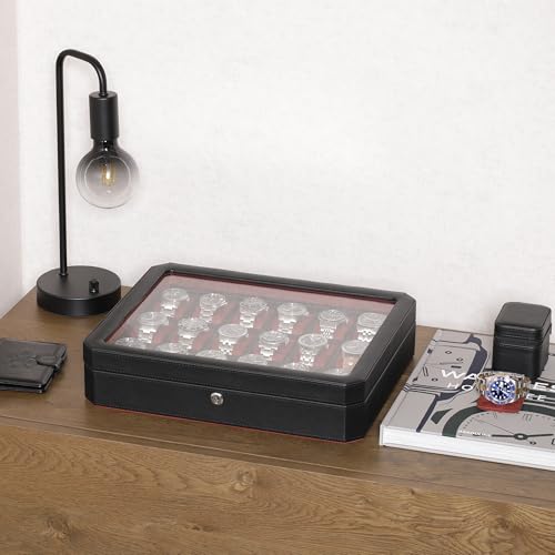 ROTHWELL 18-Slot Watch Case – Luxury Watch Box for Men, Real Glass Top, Lockable, Elegant Display for Collections (Black/Red) - color: 18 Slot -Black / Red