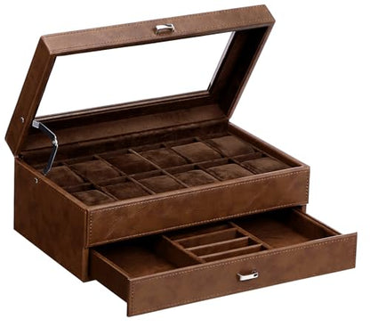 BEWISHOME Watch Cases for Men, 12-Slot Watch Box with Large Glass Lid | 2-Layer Watch Case Organizer with Removable Pillows, Watch Box for Men, Watch Storage, Watch Holder Espresso Lining SSH12Z