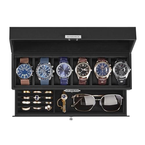 SONGMICS Watch Box, 6-Slot Watch Case Organizer with Large Glass Lid, 2 Layers, Removable Pillows, Metal Lock, Gift for Loved Ones, Black Synthetic Leather, Black Lining UJWB060B02 - color: Black + Black, size: 6 Slot
