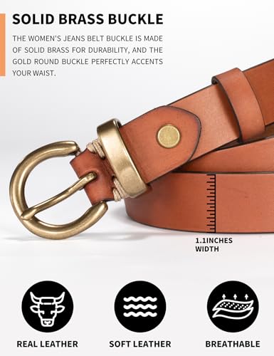 Women's Genuine Leather Belt Solid Brass Buckle | 1.1 Inches Wide,Genuine Cowhide Leather, Soft & Durable, Casual Everyday Style, Fits Jeans Pants, Circle Buckle - color: Tan, size: L (Waist 36-40 Inches)