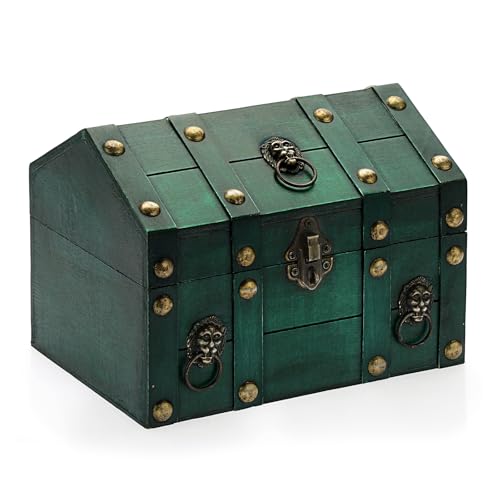 ELLDOO Vintage Wooden Treasure Chest, Pirate Treasure Storage Keepsakes Box for Kids Gifts Pirate Theme Party, Decorative Box for Jewelry Pearl Trinkets, Vintage Green - color: Vintage Green