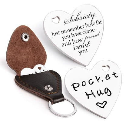 Qunrwe Pocket Hug Token,Long Distance Gifts Keepsake,Double Sided Inspirational Thinking of you Gift with Leather Keychain - color: Sobriety