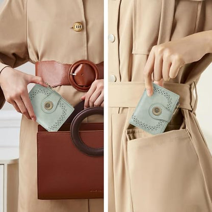 SENDEFN Small Wallets for Women Bifold RFID Blocking Leather Card Holder Compact Wallet with Zipper Coin Pocket - color: A-Green