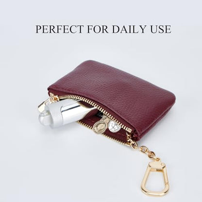 Full Grain Leather Coin Purse with Key Chain - Small Change Purse Keychain Card Holder Keychain Pouch Small Keychain Wallet for Women and Men (Burgundy) - color: Burgundy, Regular Size