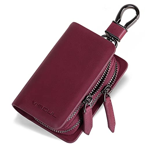 VISOUL Car Key Case Holder Double Zipper, Leather Car Smart Key Fob Case with Keychain for Men and Women - color: Dark Purple