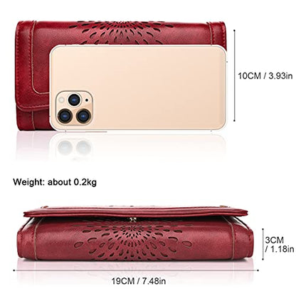 APHISON Womens Wallets RFID Blocking Leather Clutch Long Wallet for Women Card Holder Phone Organizer Ladies Travel Purse Hollow Out Sunflower Design Gift - color: red