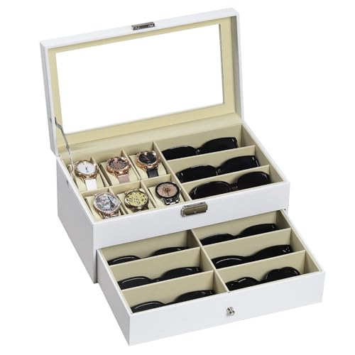 AUTOARK Leather 6 Watch Box & 9 Eyeglasses Storage Case,White,AW-131 | Jewelry Case, Sunglass Glasses Display Drawer, Lockable Case Organizer - color: White