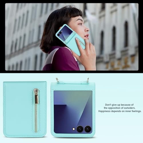 for Samsung Galaxy Z Flip 7 Luxury Zipper Wallet Phone Case, Multi-Function Kickstand Card Holder Adjustable Crossbody Strap, Fashion Flip Case.(Blue) - color: Blue, size: Samsung Galaxy Z Flip 7
