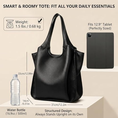 MYHOZEE Vegan Leather Tote Bags for Women Multi Pocket Shoulder Purse Triple Compartment Handbags Fits 12.9 Inch Tablet - color: Cognac Work Bag