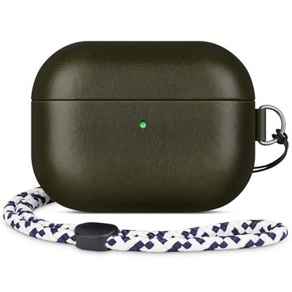 Genuine Veg-Tanned Leather Case Cover for Apple AirPods Pro 2/1 | Elegant Style with Lanyard, Full-Grain Leather, Sync Button, Grow Dark with Patina, Compatible with MagSafe, Green - color: Green, size: AirPods Pro 2/1