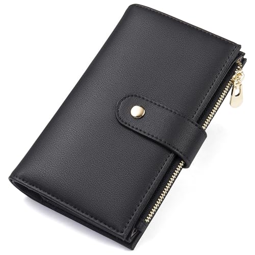 yiijay Wallet Women RFID Blocking Leather Trifold Clutch Wallet Credit Card Holder Ladies Travel Wallet Purse with Passport/Pen Holder - color: 1Black
