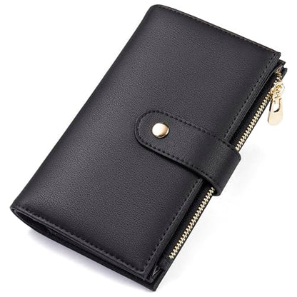 yiijay Wallet Women RFID Blocking Leather Trifold Clutch Wallet Credit Card Holder Ladies Travel Wallet Purse with Passport/Pen Holder - color: 1Black