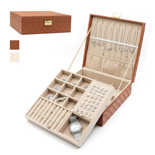 Jewelry Organizer Box, Jewelry Box Organizers for Women Girls, 2 Layers Large Leather Jewels Storage Case for Earring, Rings, Necklaces, Bracelets, Big and Small Jewellery, Watch, Ideal Gift (Brwon) - color: Brown