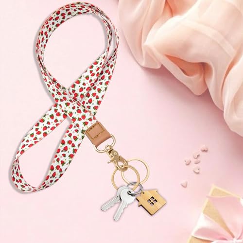 Badge Lanyard for Keys,Long Neck Strap with Metal Hook for ID Badges,Cute Keychain Lanyard for Women Men - color: Cute Strawberry Flower